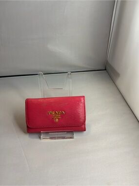 Prada Coral Pink Saffiano Leather Key/Card Wallet with Gold Logo